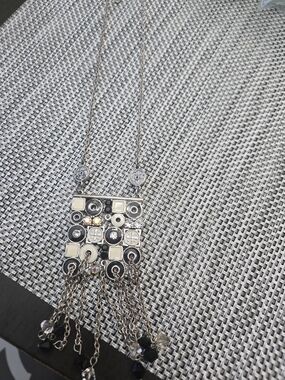 Silver-Tone Black and Clear Crystal Tassel Pendant Necklace